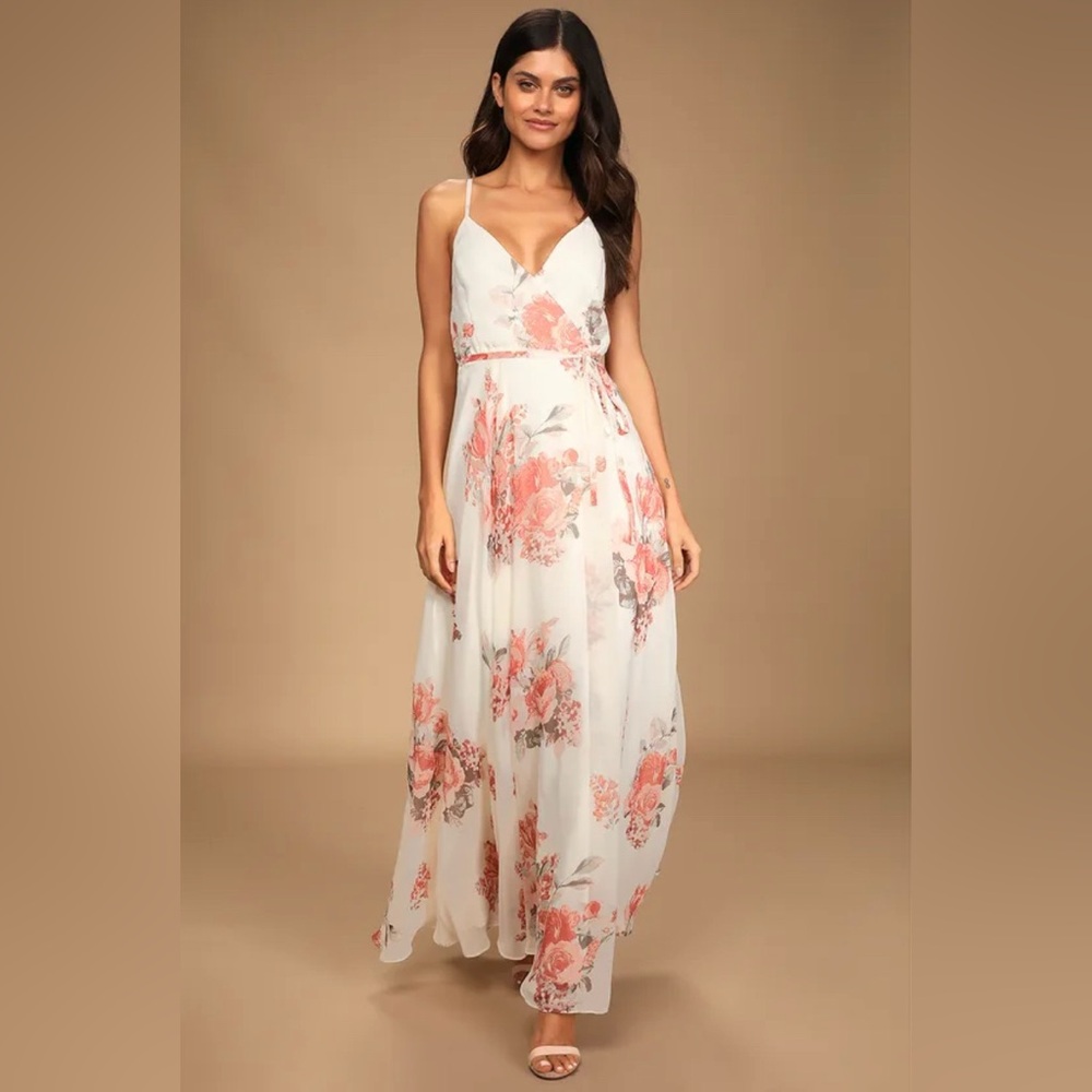 Lulu's Elegantly Inclined Cream Floral Print Wrap Maxi Dress Sz M